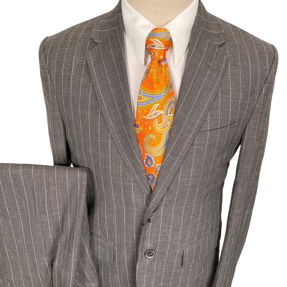 Studio Suits Napolean Mens 40R 35W 28L Gray Pinstripe Bespoke Superfine Wool
